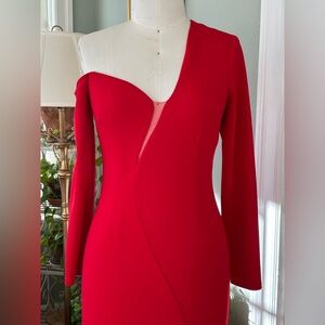 Asymmetrical Red Long Sleeve Formal Bodycon Dress